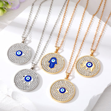 Round Evil Eye Elephant and Hamsa Pendant Necklaces