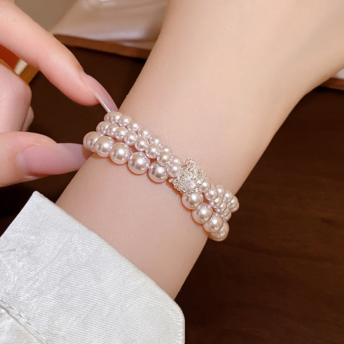 Pink Triple Strand Faux Pearl Bracelet Crystal Barrel