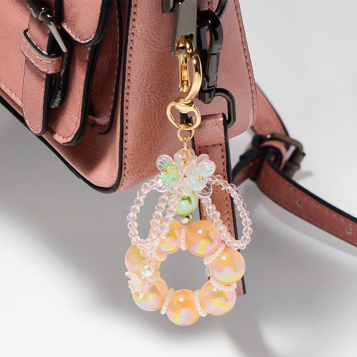 Iridescent Bead Ring Keychain Heart Clasp Flower Five Colors