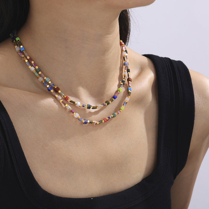 Multicolor Cube Natural Stone Bead Necklace Gold Discs