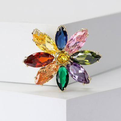 Multicolor Marquise Crystal Flower Brooch displayed from the front