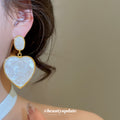 White Heart Drop Earrings with Gold Tone Borders Fashion Jewelry view 3