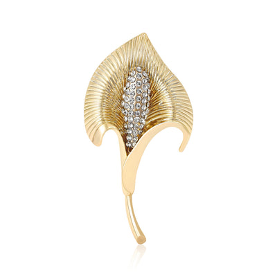 Textured Calla Lily Flower Brooch in Gold or Silver Tone shown from the front on a white background