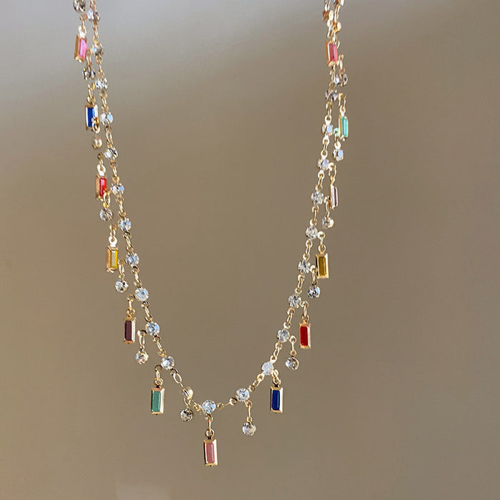 Multicolor Crystal Drop Fringe Chain Necklace Beaded Jewelry