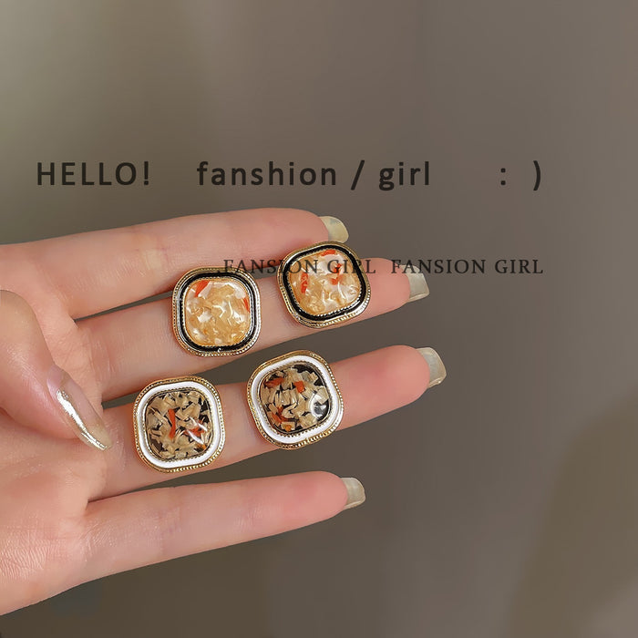 Square Resin Chip Inlay Stud Earrings Gold Rim Border