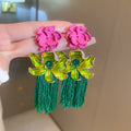 Pink and Green Floral Woven Tassel Earrings Fashion Jewelry view 6