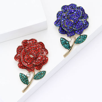 Rose Stem Brooch In Metal With Red Or Blue Crystals With Green Crystal Leaves