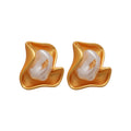 Abstract Pearl Inlay Stud Earrings with Distinctive Textured Details view 5