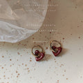 Gold Huggie Hoops Wine Red Enamel Open Heart Earrings view 3