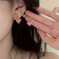 Gold Open Heart Stud Pink Heart CZ Drop Earrings Pair view 3