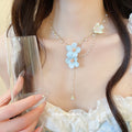 Blue Floral Beaded Necklace with Pearl Like Drops and Gold Tone Chain view 3