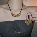 Black Cord Twisted Circle Necklace Hoop Earrings 4 Styles view 1