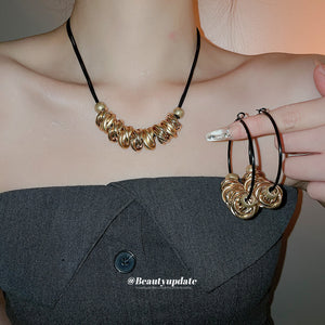 Black Cord Twisted Circle Necklace Hoop Earrings 4 Styles