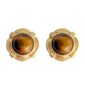 Gold Tone Round Stud Earrings Brown Tiger Eye Center view 5