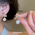 Pink Crystal Flower Drop Earrings with Pearl Look Beads view 2