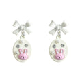 White Bow Pink Bunny Oval Drop Stud Earrings Rhinestones view 5