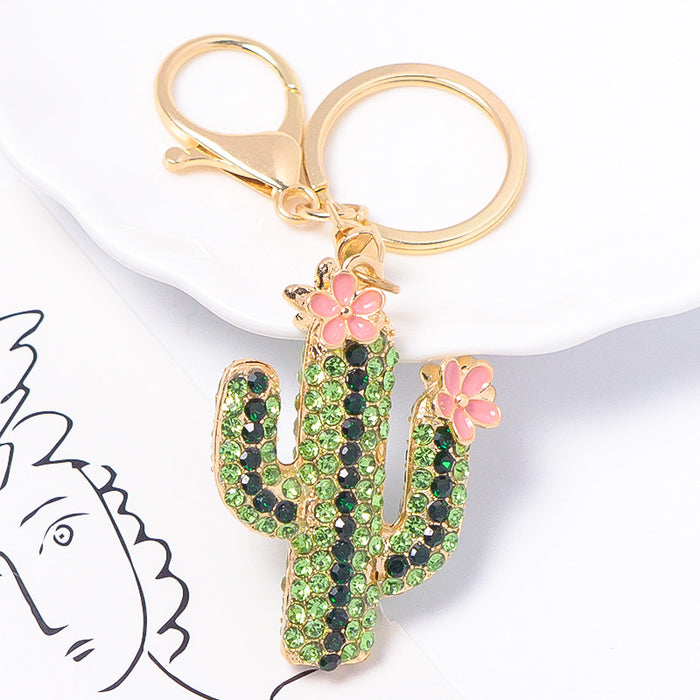 Rhinestone Cactus Flower Keychain Metal Plant Bag Charm