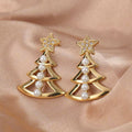 Gold Tone Pearl Christmas Tree Drop Earrings Polished Statement Fashion Jewelry view 2