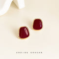Gold Frame Burgundy Enamel Geometric Rounded Stud Earrings view 3