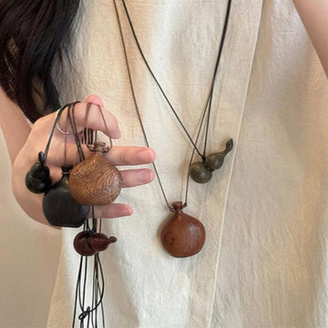 Warm Brown Double Gourd Wood Pendant Necklace on Black Cord