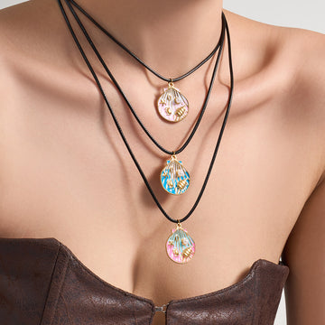 Black Cord Adjustable Enamel Seashell Pendant Necklace