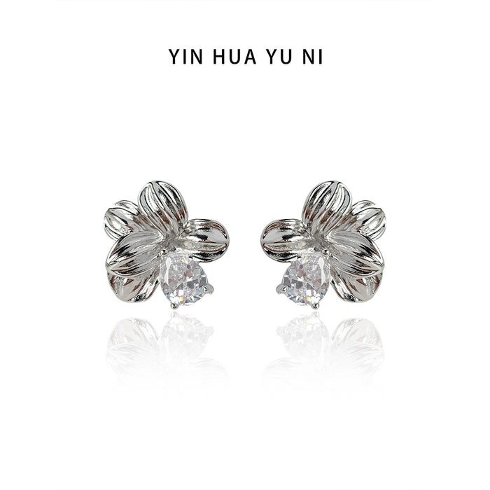 Silver Textured Ribbed Flower Stud Earrings Clear Zirconia