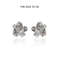 Silver Textured Ribbed Flower Stud Earrings Clear Zirconia view 1