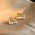 Gold Textured Rectangle Stud Earrings Four Pearl Row view 4
