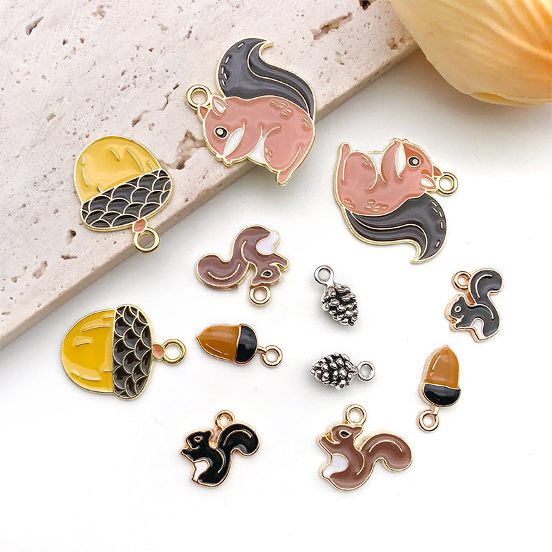 Enamel Zinc Alloy Squirrel Pine Cone Charm Pendant for DIY Earring Keychain Jewelry Making