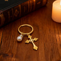 Gold Tone Ornate Cross and Pearl Keychain and Attached Hardware view 4