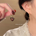 Gold Hoop Black Enamel Heart Red Flower Drop Earrings view 2