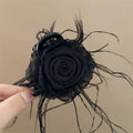 Black Rolled Fabric Rose Hair Claw With Loose Feather Fringe view 6