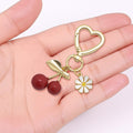 Gold Leaf Cherry Daisy Enamel Heart Clasp Keychain Charm view 3