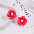 Red Layered Flower Pearl Look Statement Stud Earrings view 3