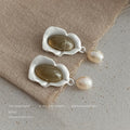 Silver Matte Wave Frame Olive Cabochon Pearl Drop Earrings view 3