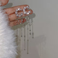 Silver Tone Crystal Crescent Pearl Chain Tassel Clip Earrings view 2