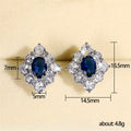 Deep Blue Oval Stone Floral Cluster Stud Earrings Silver Tone view 5