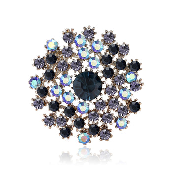 Round Floral Crystal Brooch in Purple and Blue Decorative Lapel Accessory
