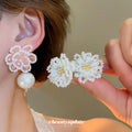 Pink Beaded Flower Stud Earrings with Round Pearl Drops view 3