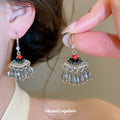 Silver Tone Beaded Fan Drop Earrings with Red and Black Accents view 1