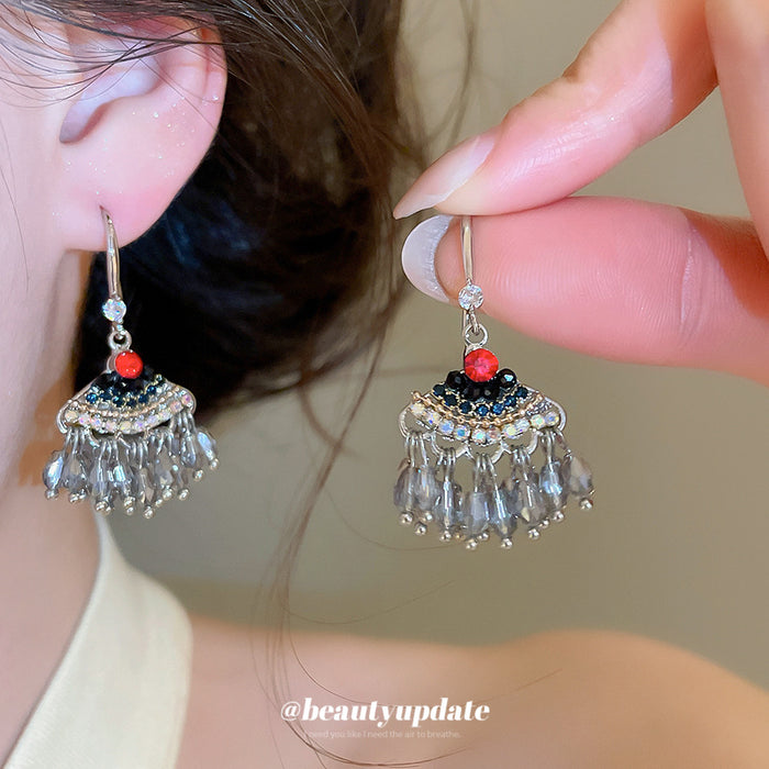 Silver Tone Beaded Fan Drop Earrings with Red and Black Accents
