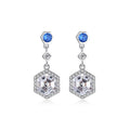 Blue Round Stone and Clear Hexagonal Drop Earrings in Silver Tone view 2