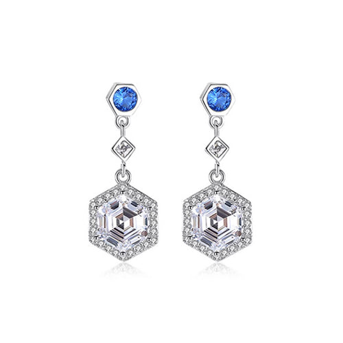 Blue Round Stone and Clear Hexagonal Drop Earrings in Silver Tone shown in alternate angle