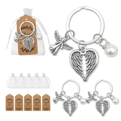 Packaging overview shows the angel heart wings and pearl keychain with an organza bag and kraft tags.