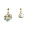 Asymmetric Blue Enamel Flower Baroque Pearl Drop Earrings view 5