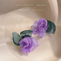 Sheer Mesh Organza Rose Flower Stud Earrings Green Leaf view 6