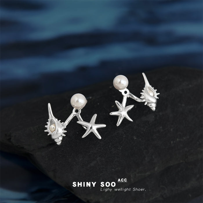 Silver-Tone Pearl Front Starfish Conch Shell Ear Jacket Studs