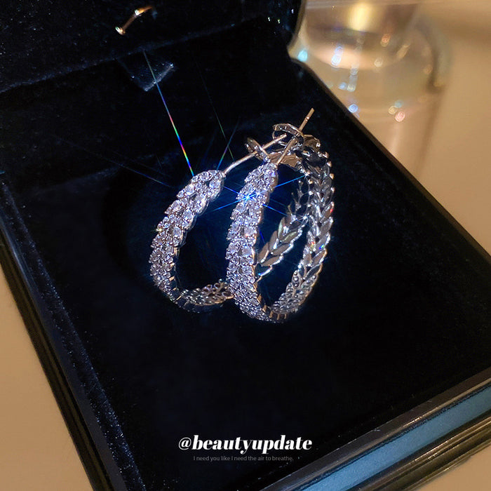 Silver Tone Crystal Leaf Hoop Earrings Statement Jewelry