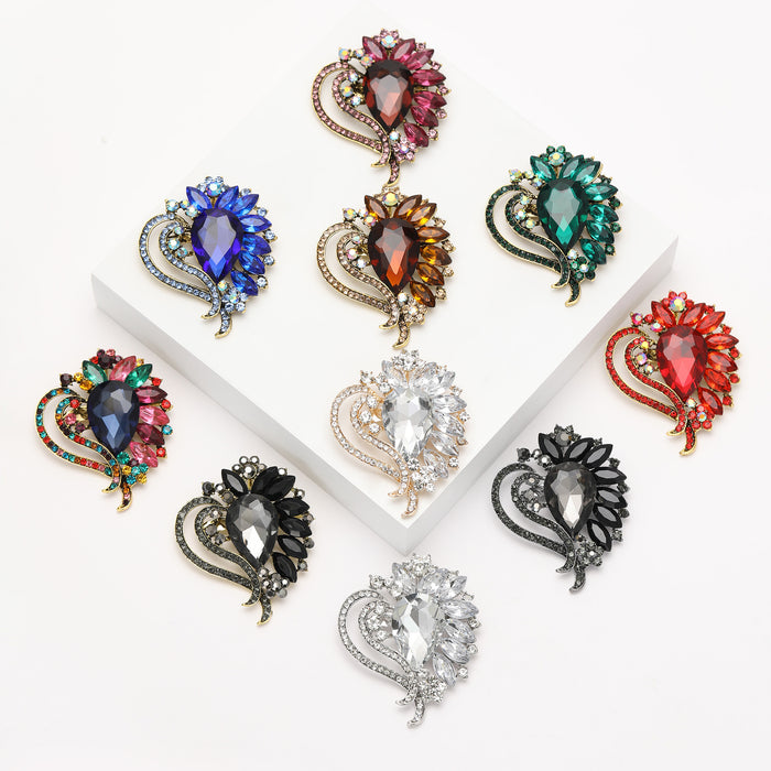 Heart Crystal Leaf Brooch with Faceted Stones for Jackets and Scarves