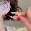 Red Horse and Pearl Bow Stud Earrings With Polished Metal Details view 3